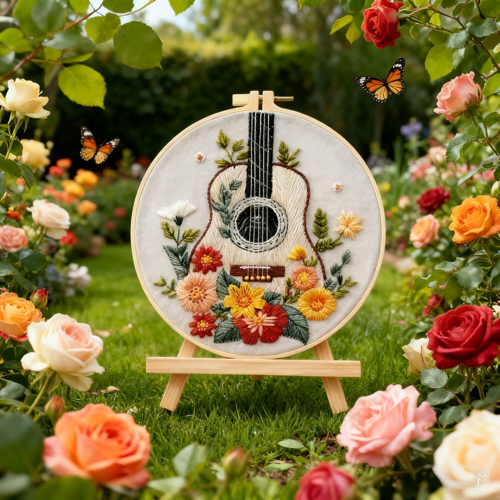 Golden Guitar – Embroidery kit with flowers and acoustic guitar