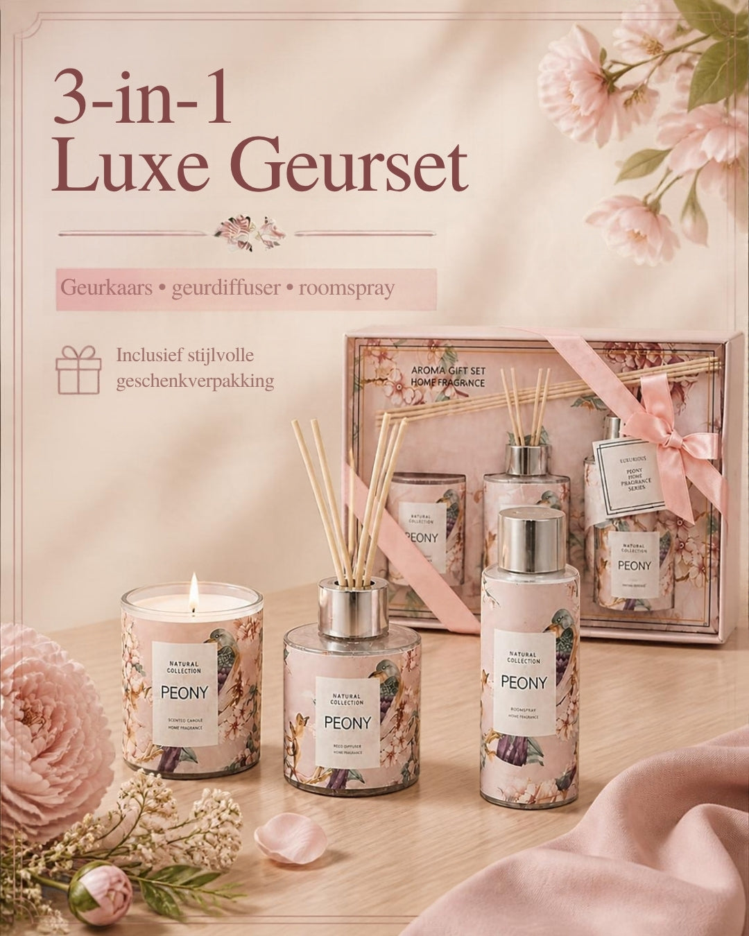 Luxe Geur Giftset met Geurkaars, Geurstokjes en Huisparfum – Sfeervol Eindejaarsgeschenk