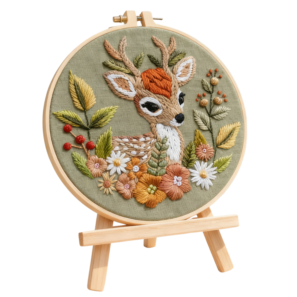 Forest Deer – Borduurset met jong hertje en herfstbloemen
