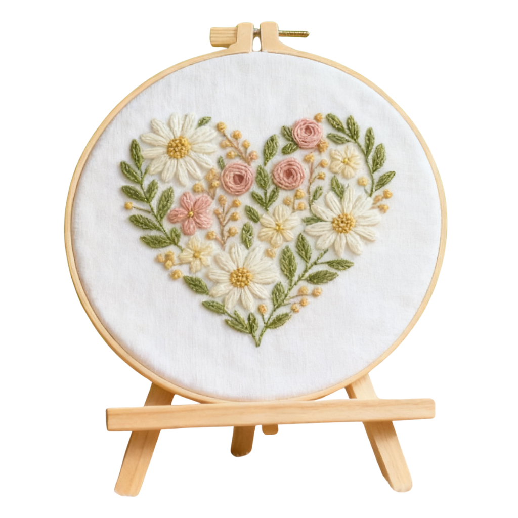 Cœur Floral – Kit de broderie avec marguerites et roses délicates