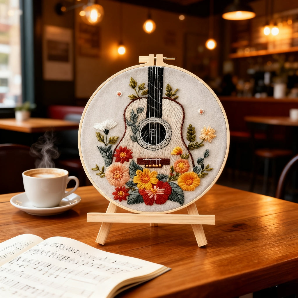 Golden Guitar – Embroidery kit with flowers and acoustic guitar