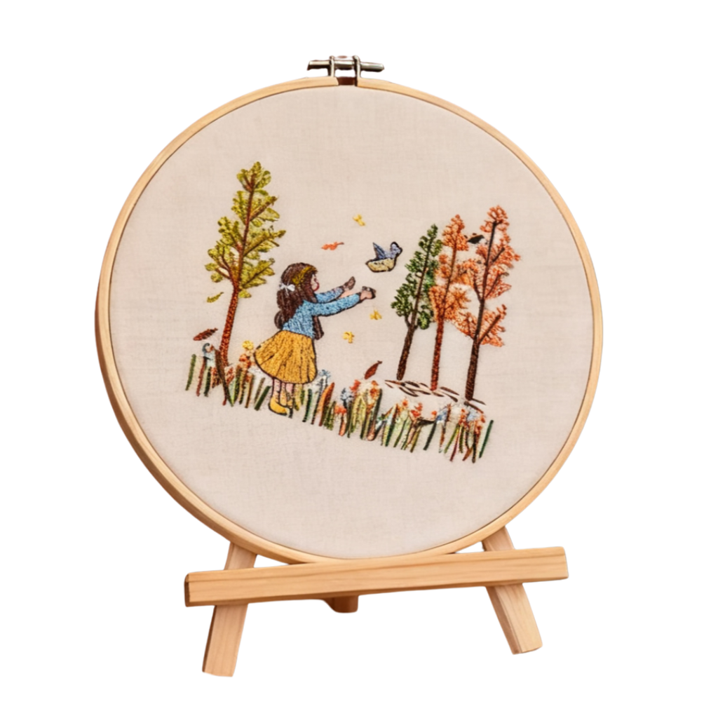 Autumn Wander – Embroidery kit with girl, bird and autumn trees
