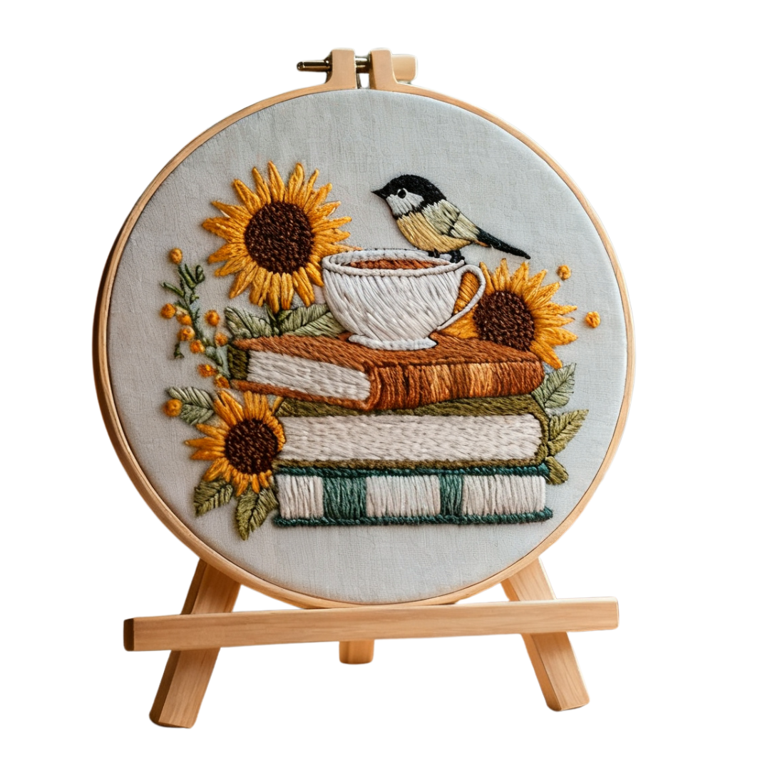 Sunlit Stories – Embroidery kit with books, sunflowers and a bird