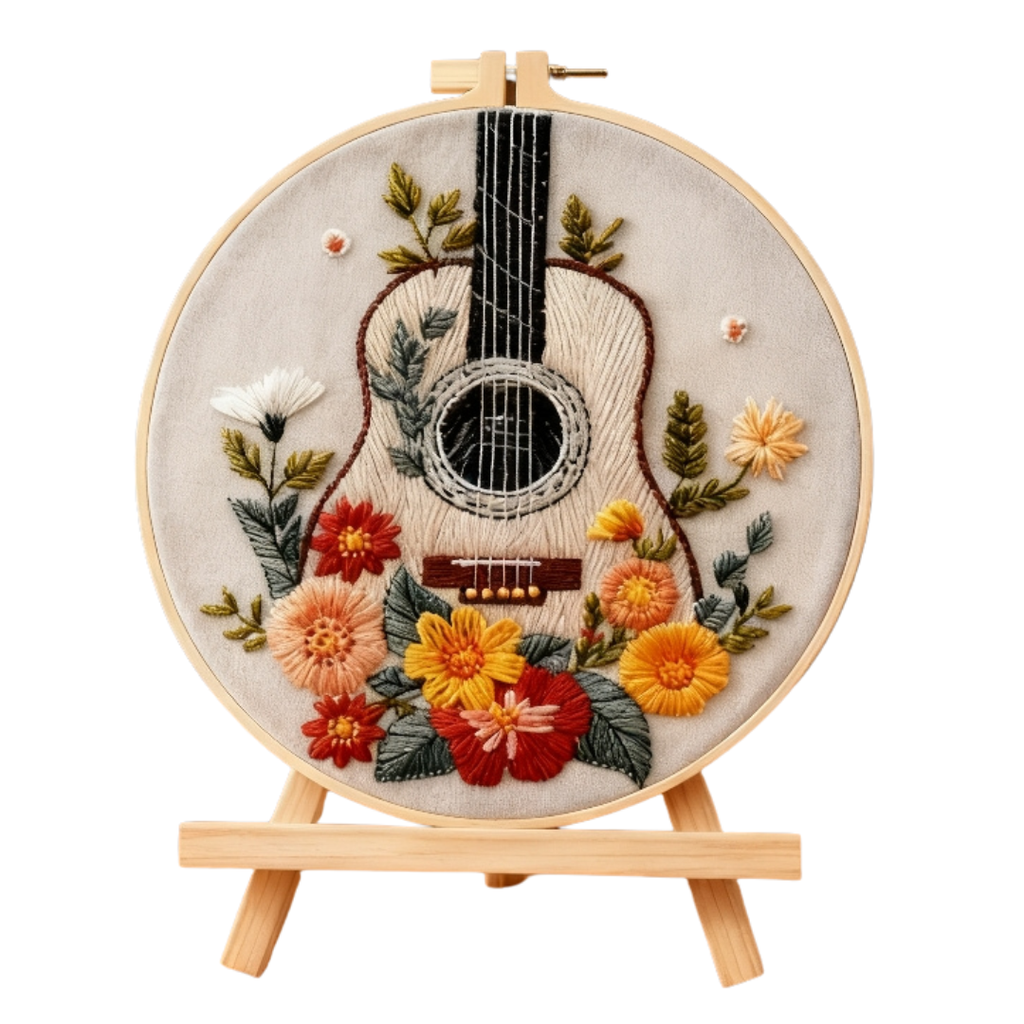 Golden Guitar – Embroidery kit with flowers and acoustic guitar