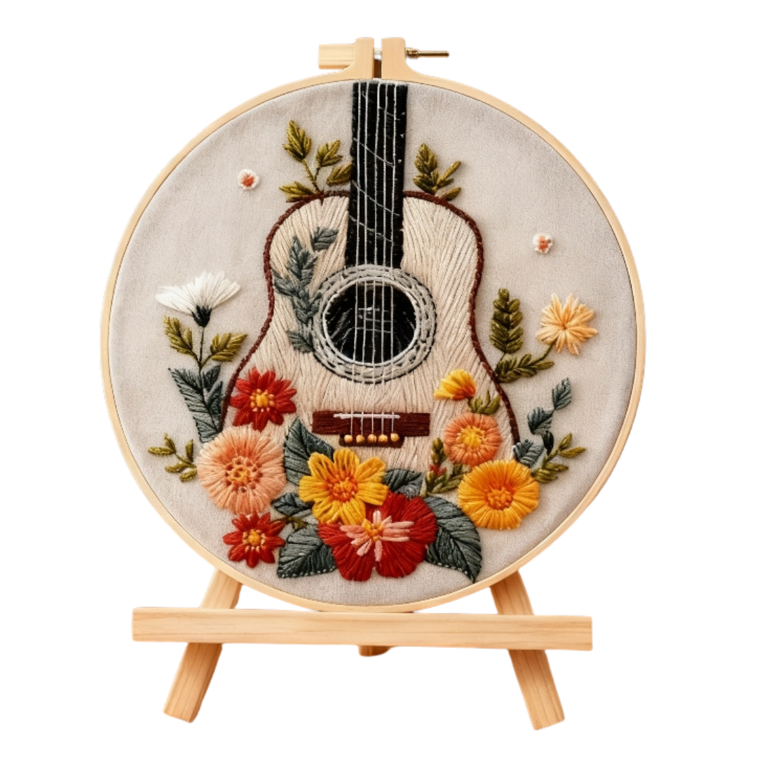 Golden Guitar – Embroidery kit with flowers and acoustic guitar