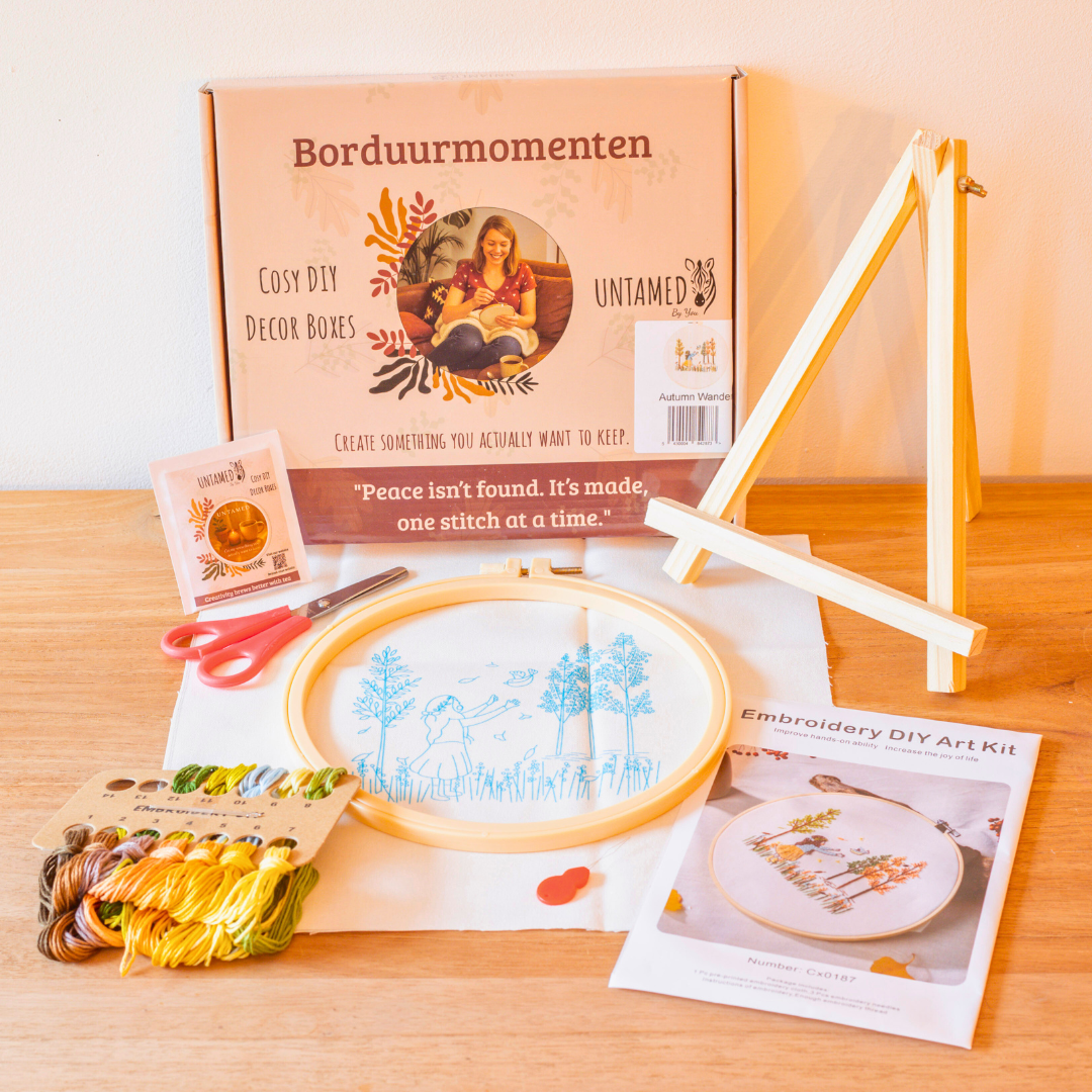 Autumn Wander – Embroidery kit with girl, bird and autumn trees
