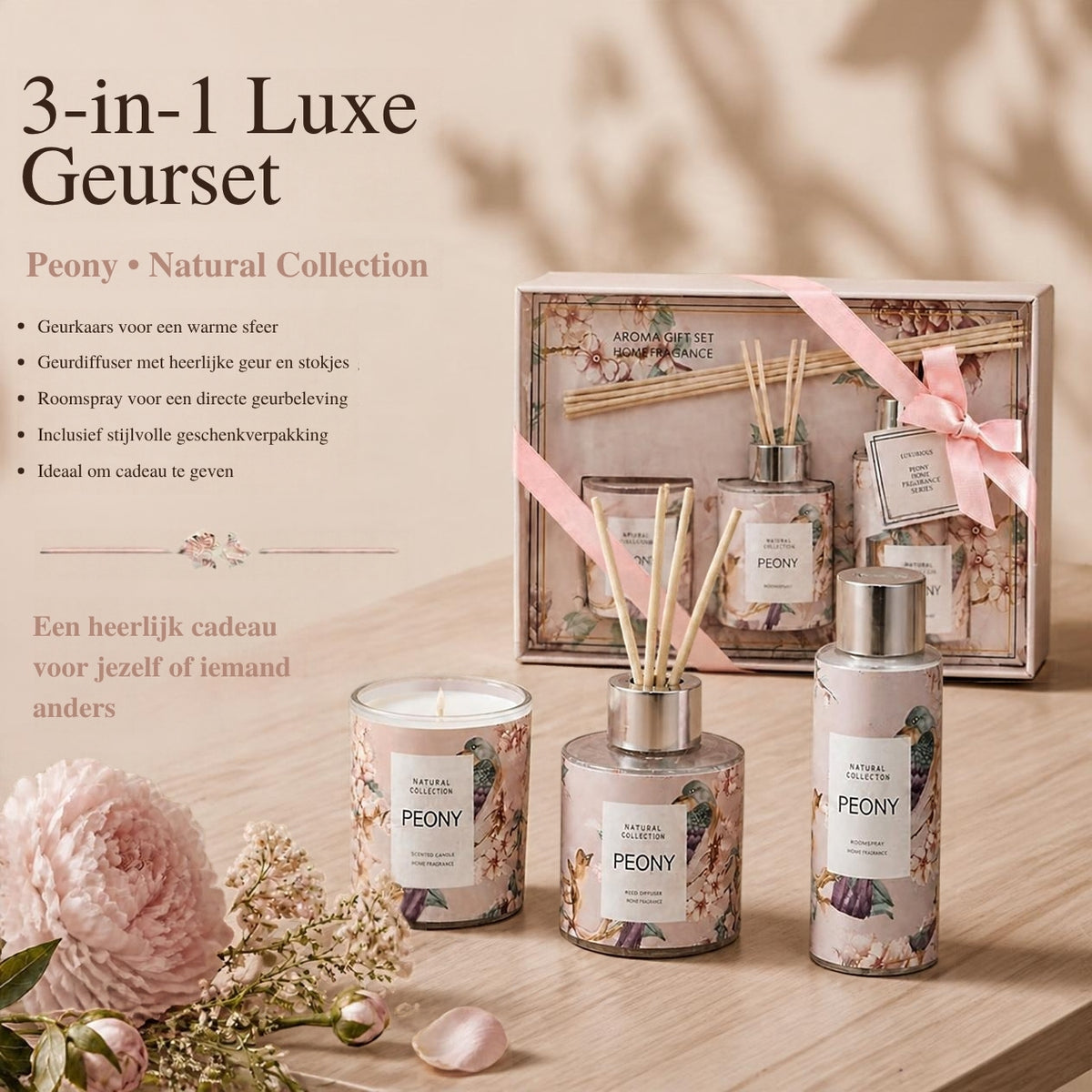 Luxe Geur Giftset met Geurkaars, Geurstokjes en Huisparfum – Sfeervol Eindejaarsgeschenk