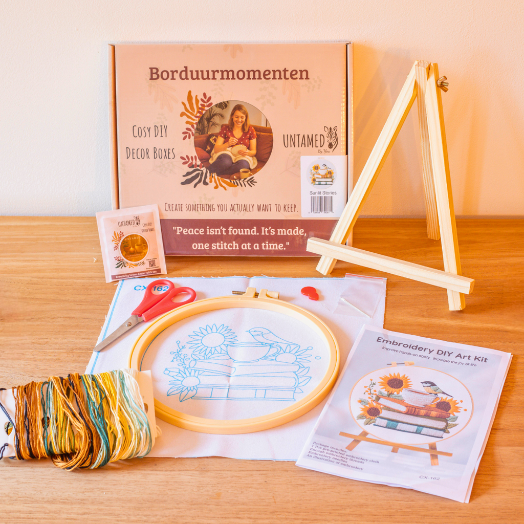 Sunlit Stories – Embroidery kit with books, sunflowers and a bird