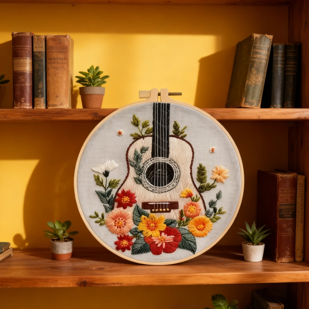 Golden Guitar – Embroidery kit with flowers and acoustic guitar