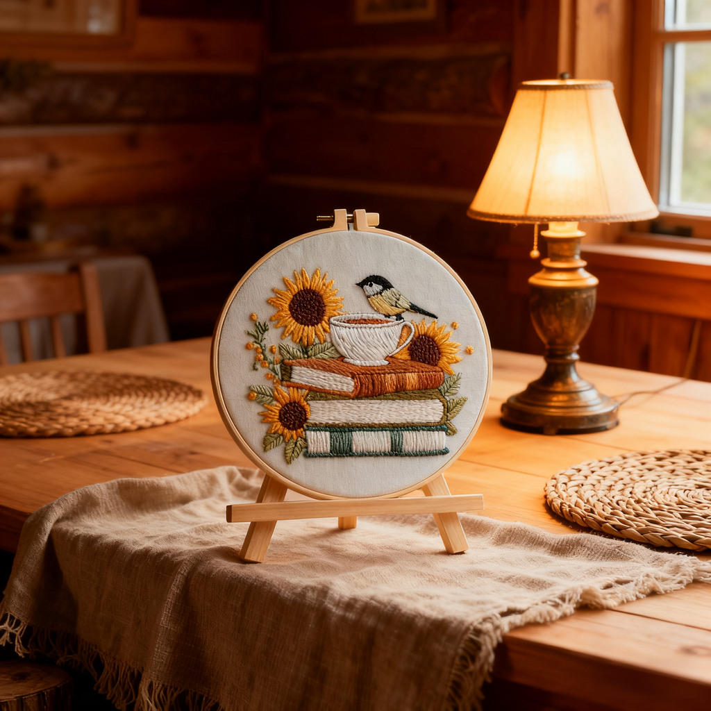 Sunlit Stories – Embroidery kit with books, sunflowers and a bird
