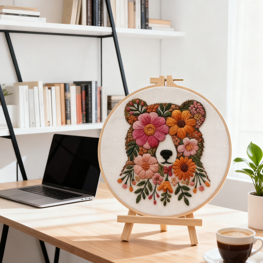 Floral Bear – Borduurset met bloemenbeer en warme kleuren
