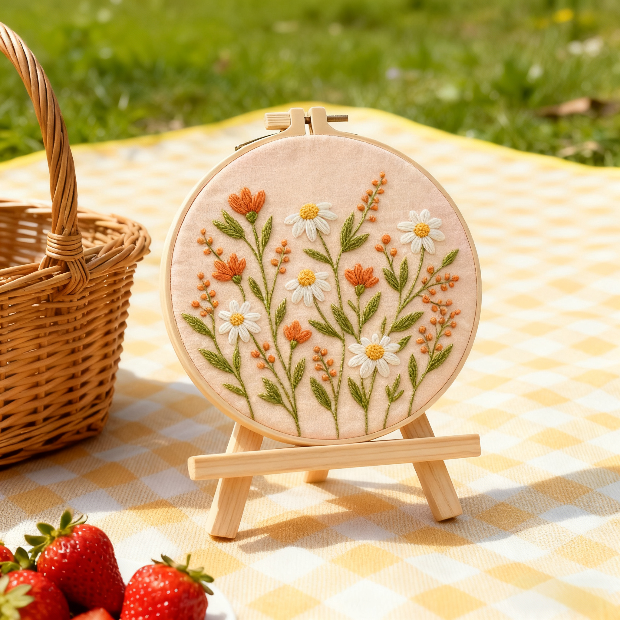Wildflower Morning - Embroidery kit with daisies and orange flowers