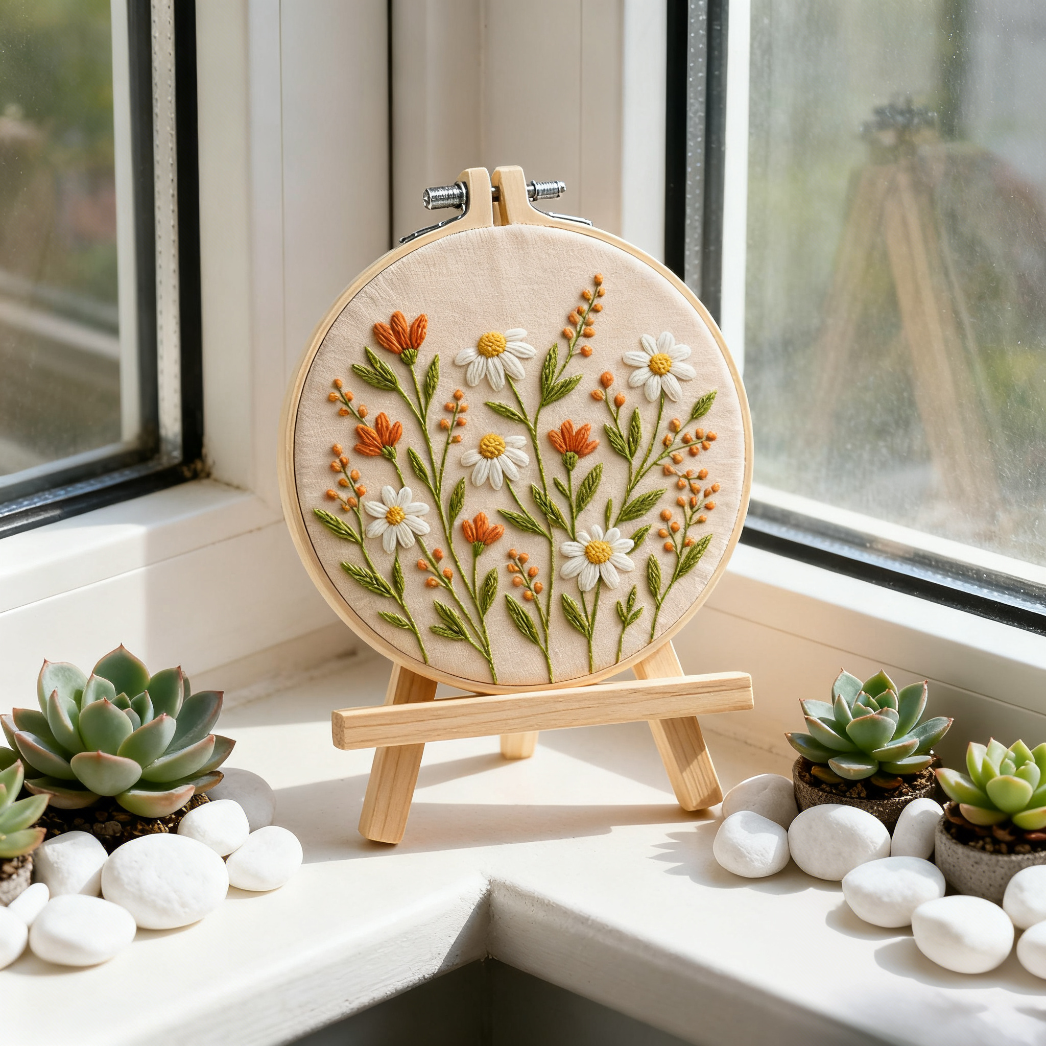 Wildflower Morning - Embroidery kit with daisies and orange flowers