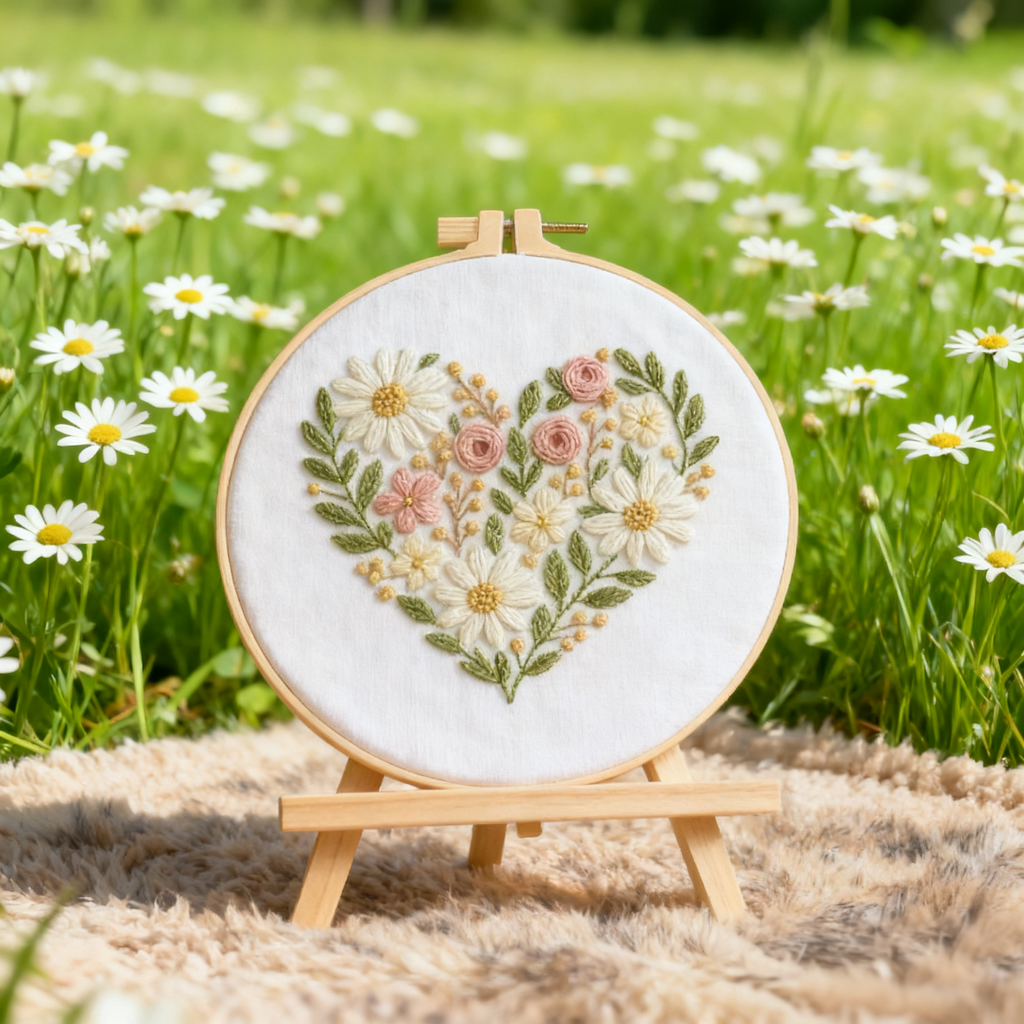 Cœur Floral – Kit de broderie avec marguerites et roses délicates