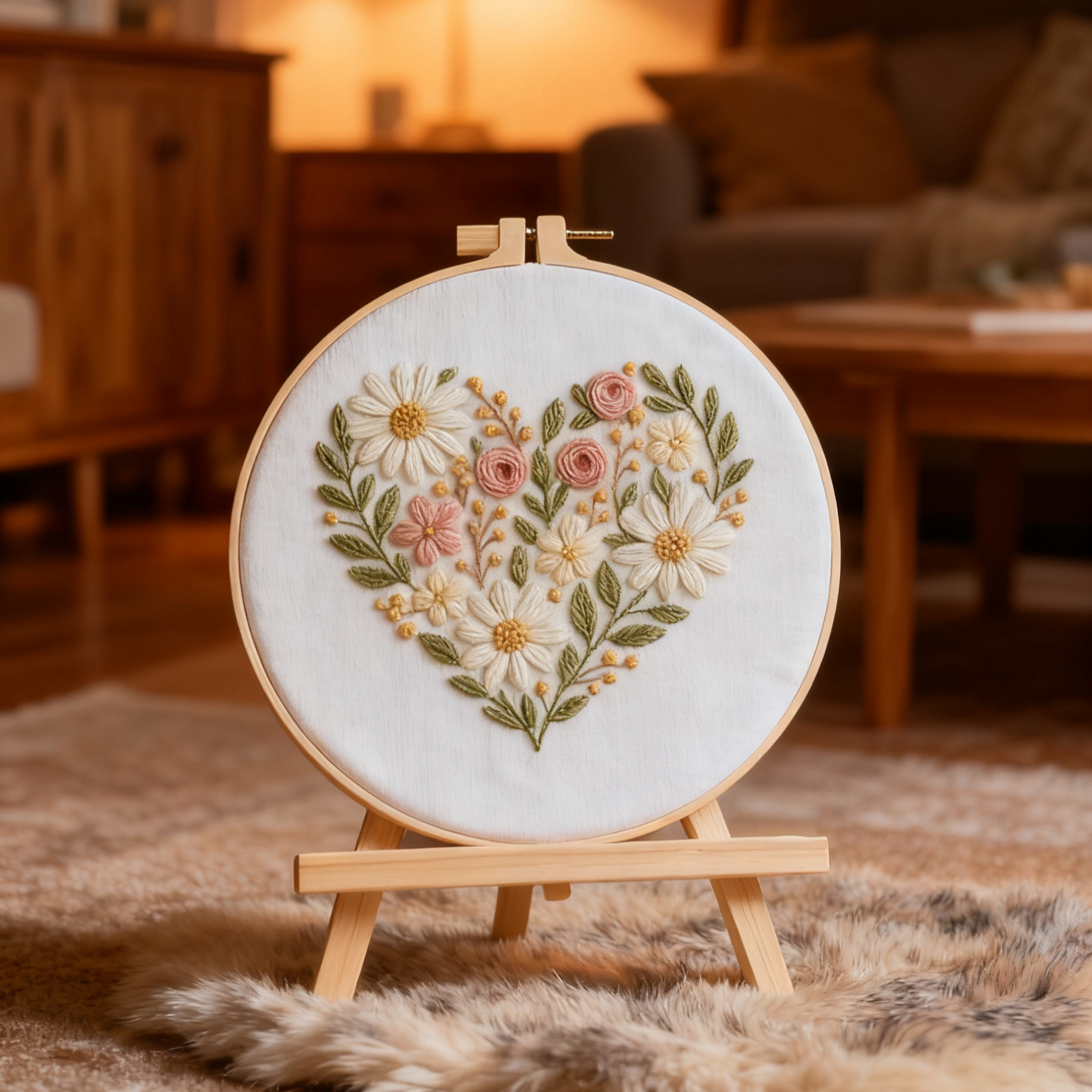 Cœur Floral – Kit de broderie avec marguerites et roses délicates