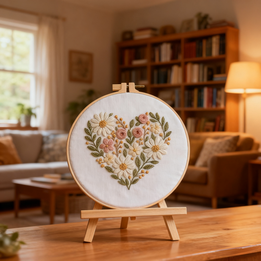 Cœur Floral – Kit de broderie avec marguerites et roses délicates