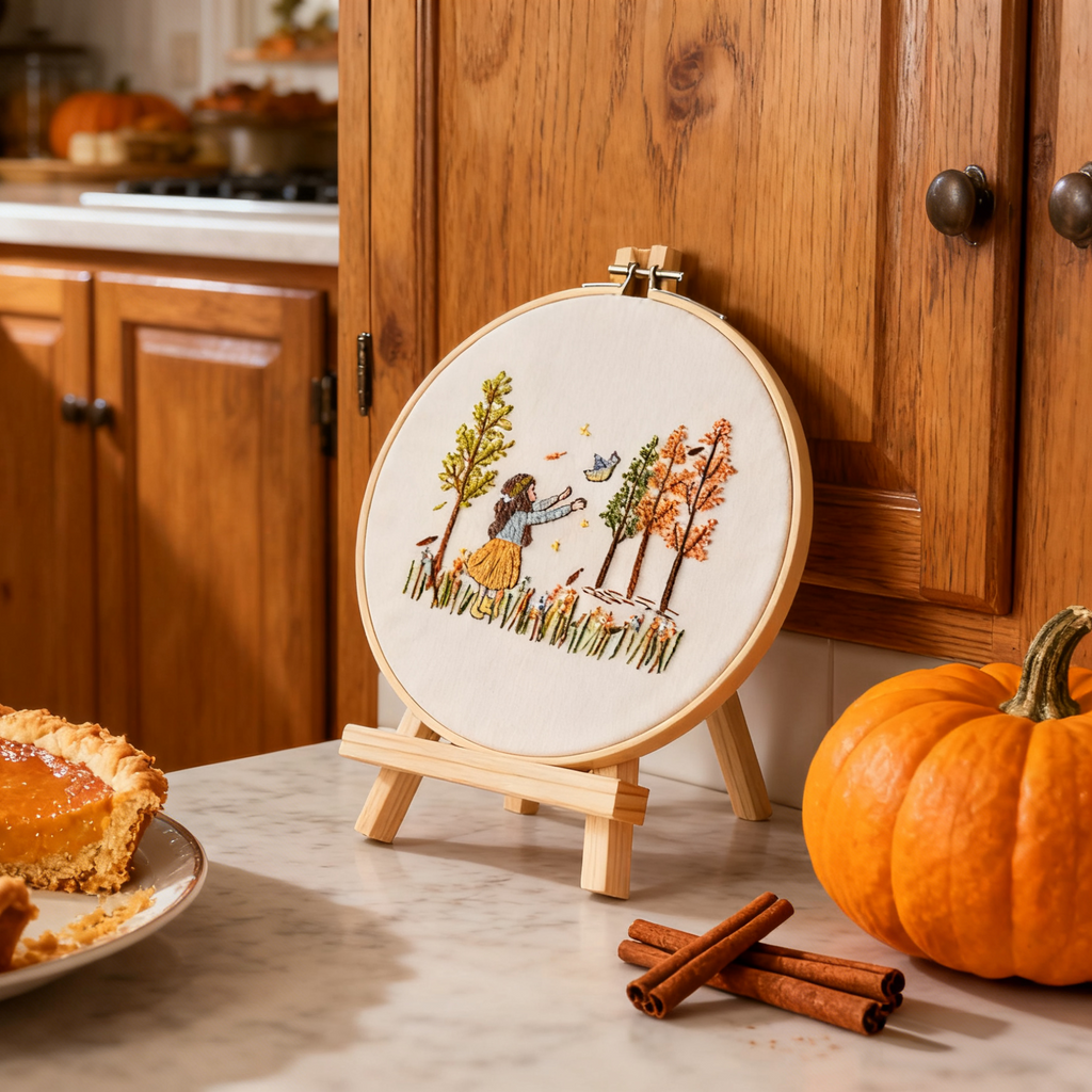 Autumn Wander – Embroidery kit with girl, bird and autumn trees