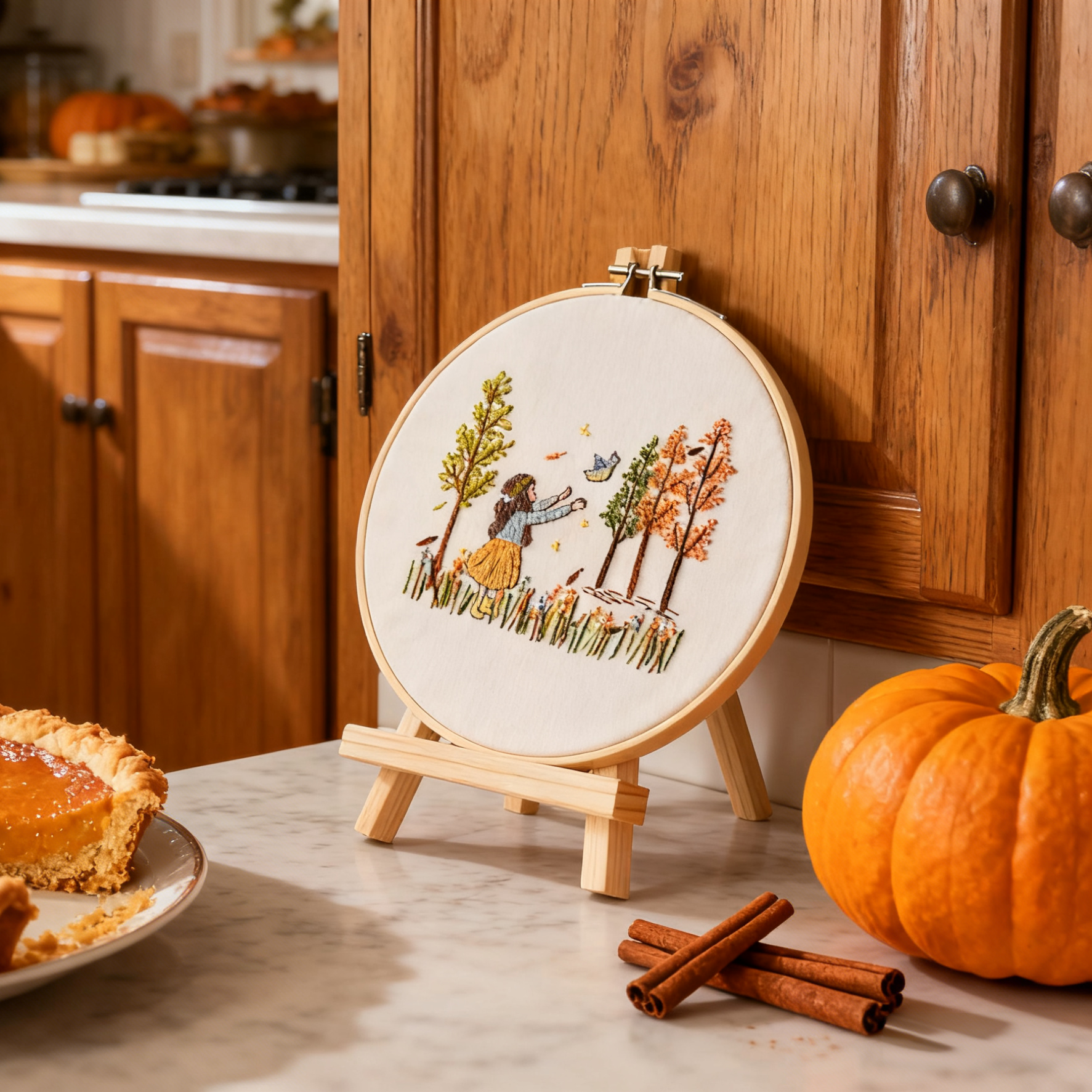 Autumn Wander – Embroidery kit with girl, bird and autumn trees