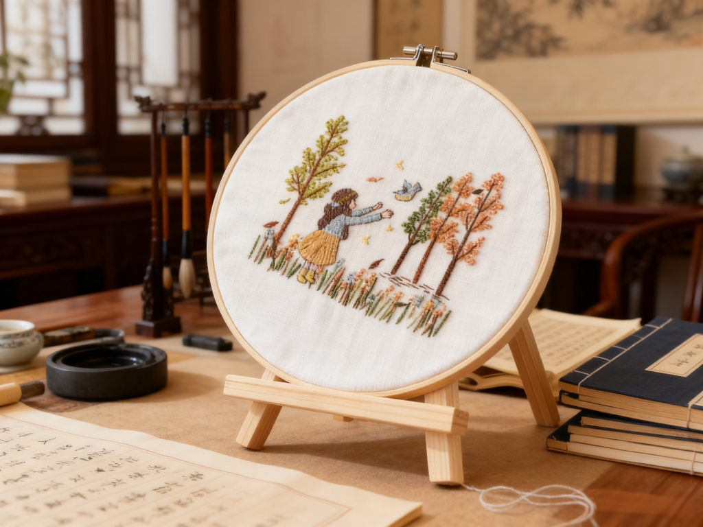 Autumn Wander – Embroidery kit with girl, bird and autumn trees