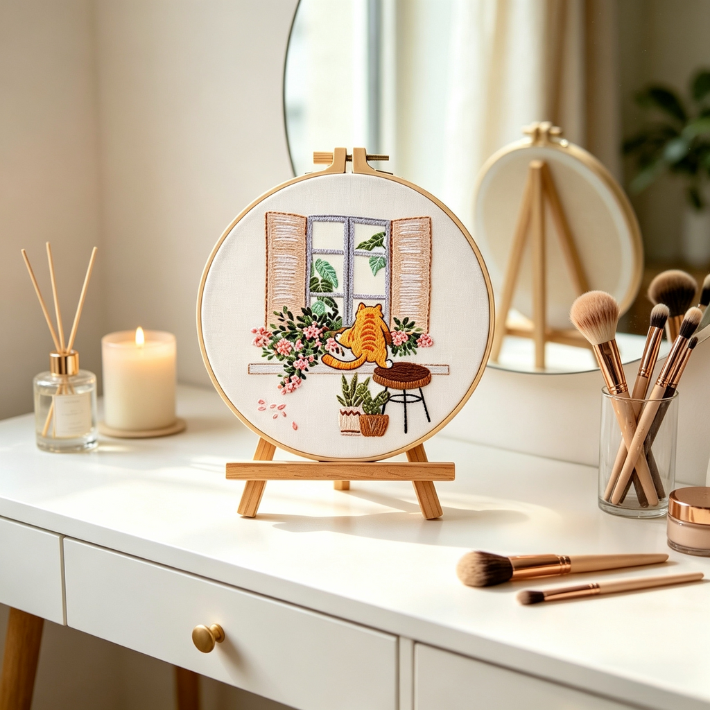 Mischief at the Window – Borduurset met kat bij open raam