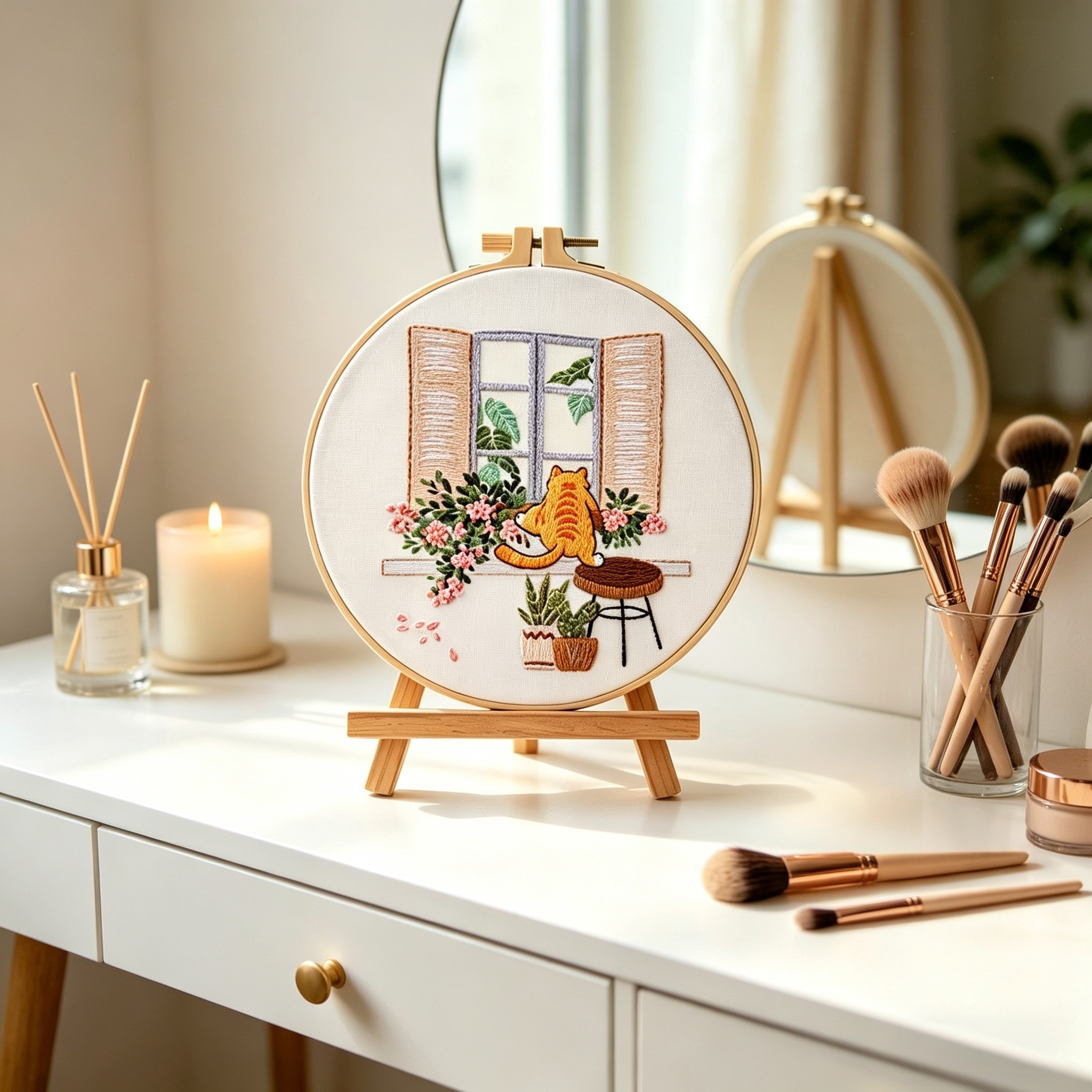 Mischief at the Window – Borduurset met kat bij open raam