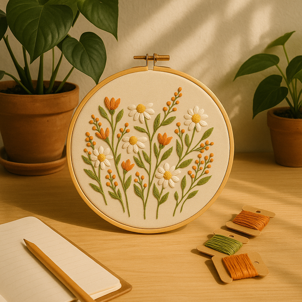 Wildflower Morning - Embroidery kit with daisies and orange flowers