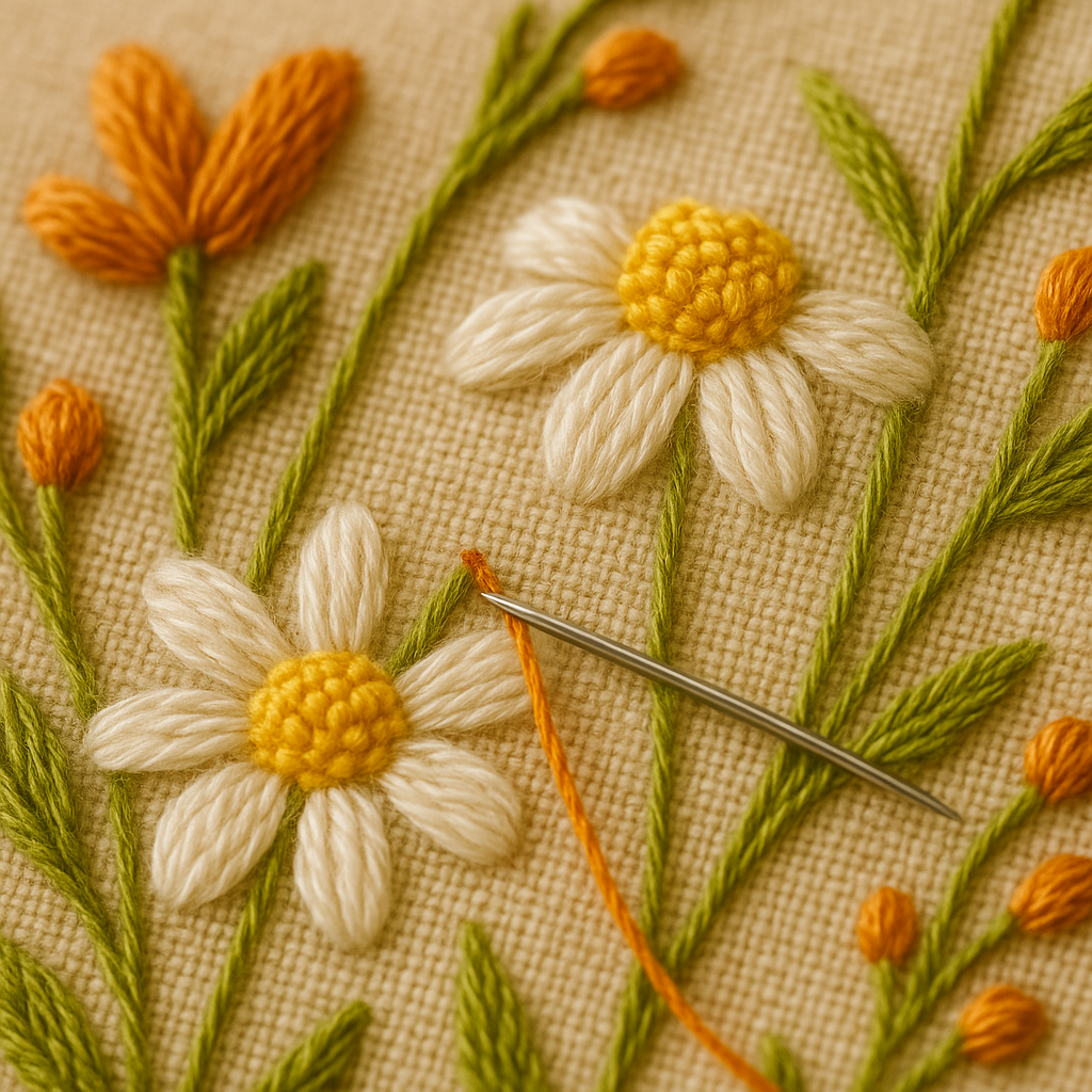 Wildflower Morning - Embroidery kit with daisies and orange flowers