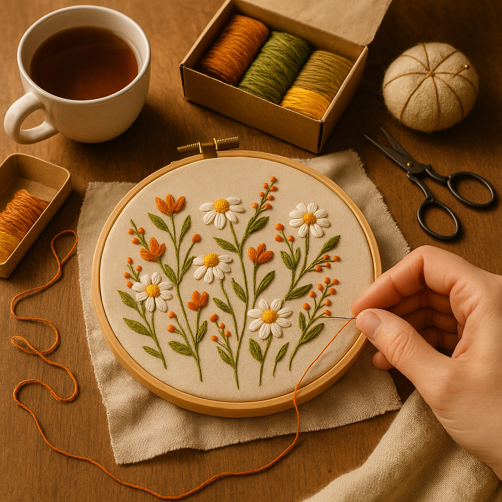 Wildflower Morning - Embroidery kit with daisies and orange flowers