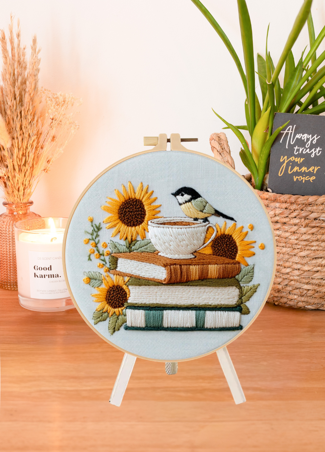 Sunlit Stories – Embroidery kit with books, sunflowers and a bird