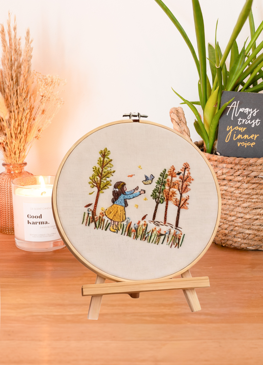 Autumn Wander – Embroidery kit with girl, bird and autumn trees